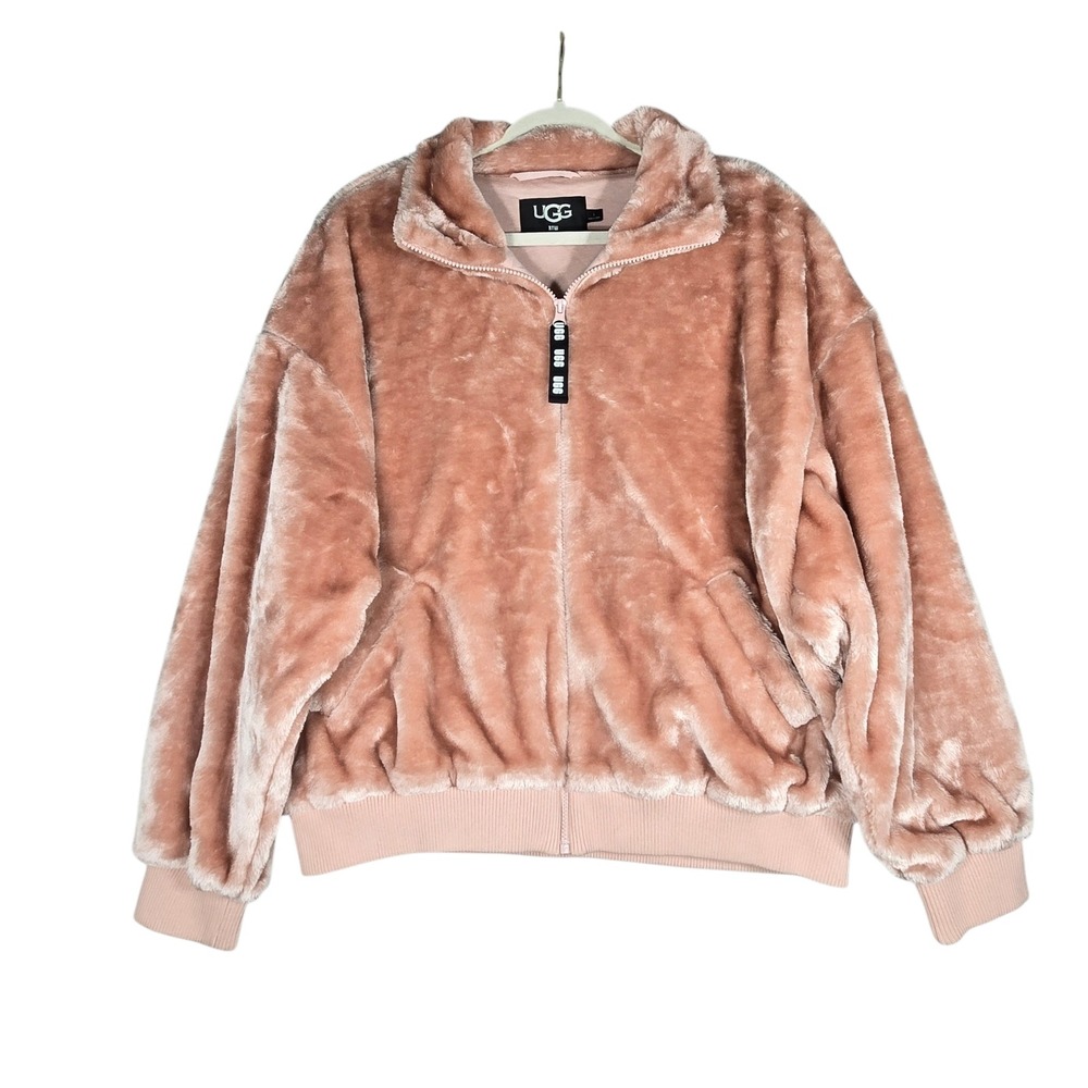 UGG Laken Sherpa Zip Jacket Womens Size L Dusty Cliff Pink Faux Fur Cozy Winter